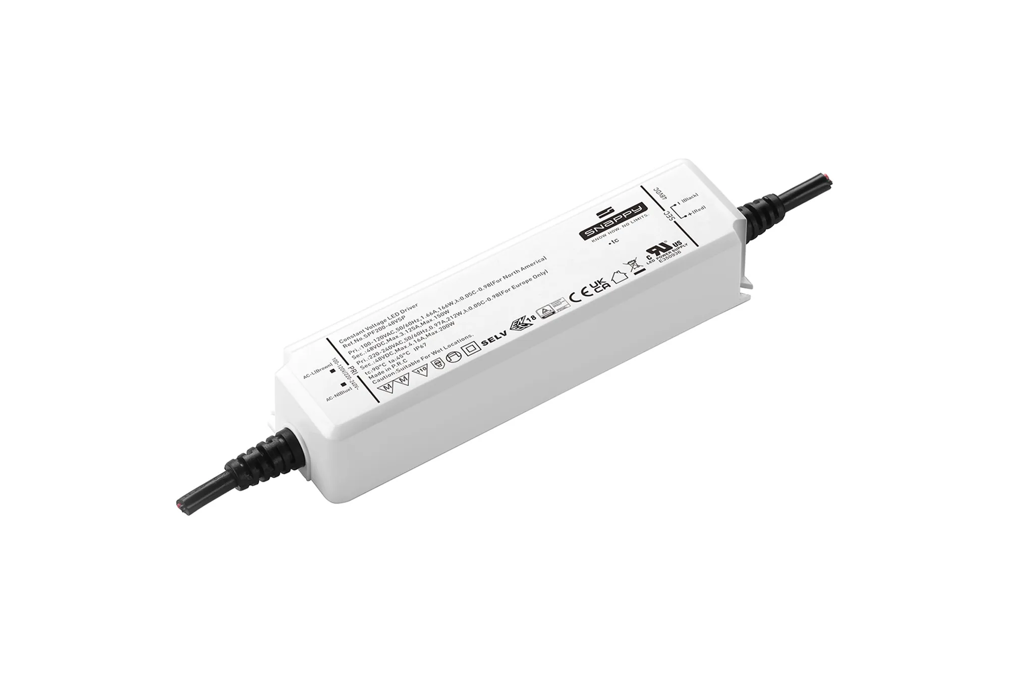 SPF200-48VSP  200W, Constant Voltage Non Dimmable LED Driver, 48VDC, Input 200-240VAC 50/60Hz, IP67.